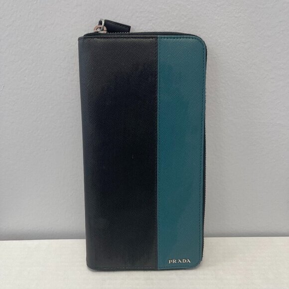 Prada Other - Prada Saffiano Leather Organizer Zippy Wallet in Black and Turquoise - Preowned